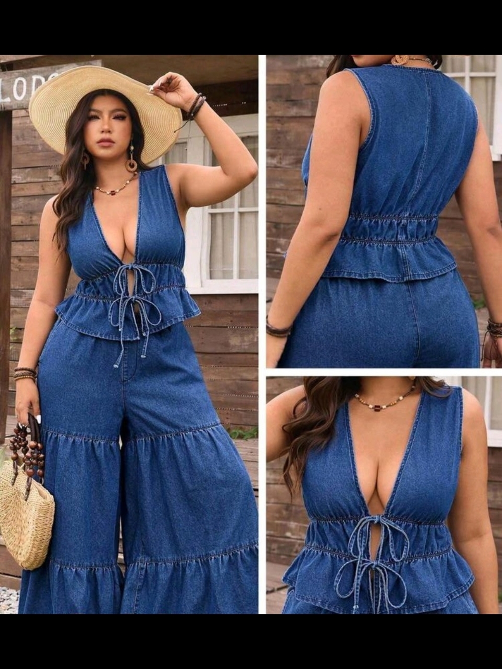 SHEIN Blue Denim Wide-Leg Jumpsuit with Tie Front